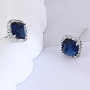 Women's Blue Crystal Sterling Sparkling Square Cubic Zirconia Stud Earring